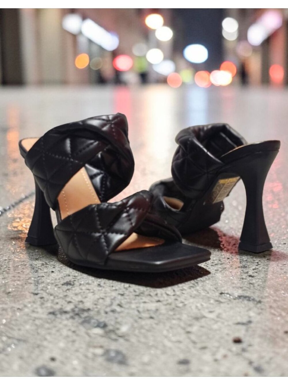 Quilted Black Block Heel Mules With Open Toe & Crossover Straps - LovMarie Women